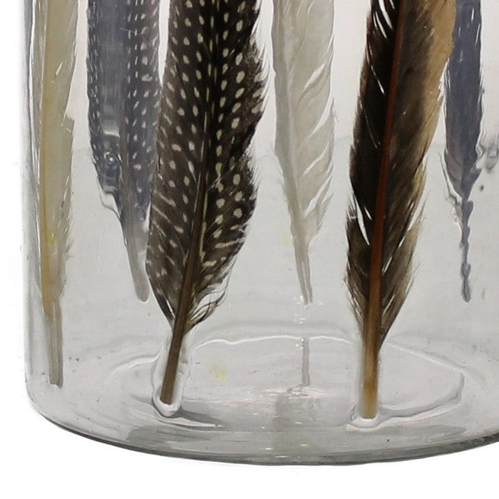 Modern Style Glass Hurricane with Enamelled Feather Design, Multicolor