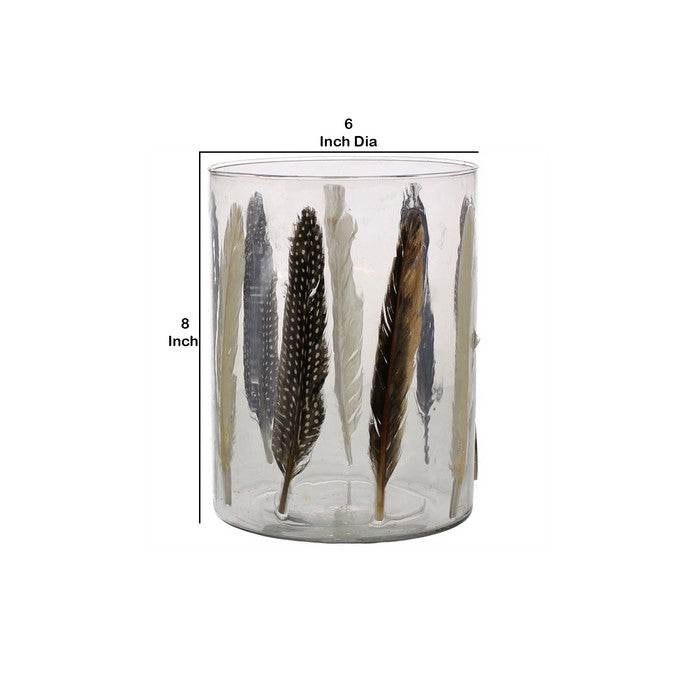 Modern Style Glass Hurricane with Enamelled Feather Design, Multicolor