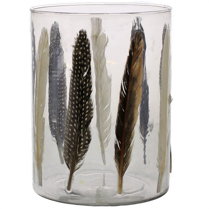 Modern Style Glass Hurricane with Enamelled Feather Design, Multicolor