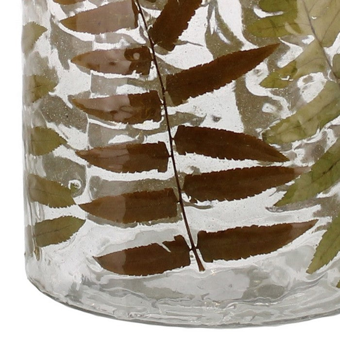 Modern Style Glass Hurricane with Enamelled Fern Leaf Design, Multicolor