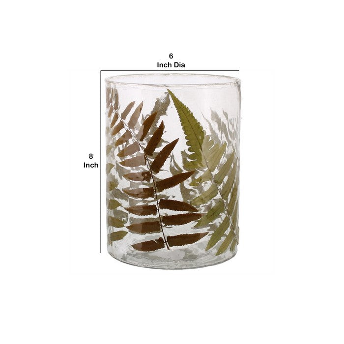 Modern Style Glass Hurricane with Enamelled Fern Leaf Design, Multicolor