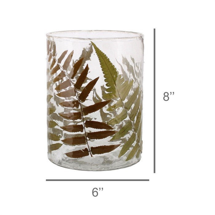 Modern Style Glass Hurricane with Enamelled Fern Leaf Design, Multicolor
