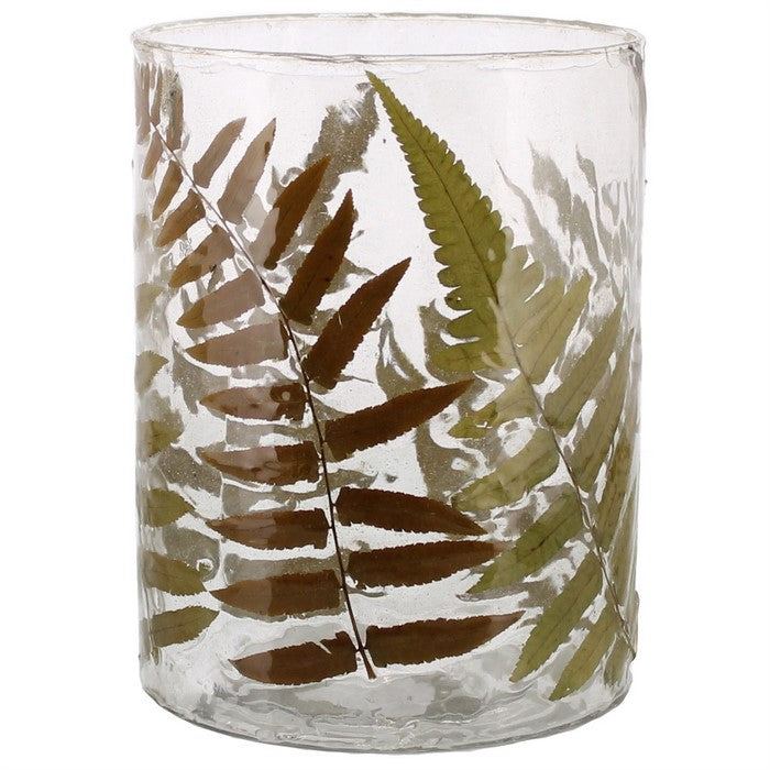 Modern Style Glass Hurricane with Enamelled Fern Leaf Design, Multicolor
