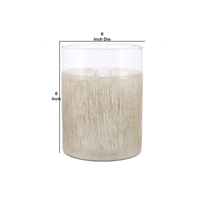 Modern Style Glass Hurricane with Sand Enamel Design, Beige