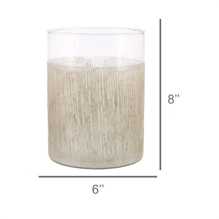 Modern Style Glass Hurricane with Sand Enamel Design, Beige