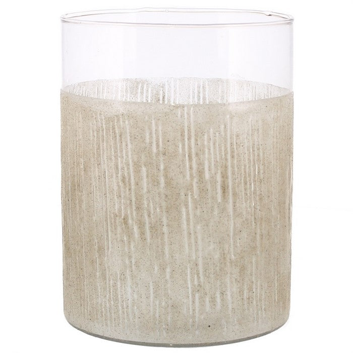 Modern Style Glass Hurricane with Sand Enamel Design, Beige