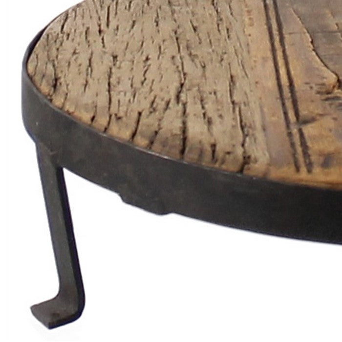 Traditional Style Wooden Pedestal with Metal Frame, Large, Brown and Black