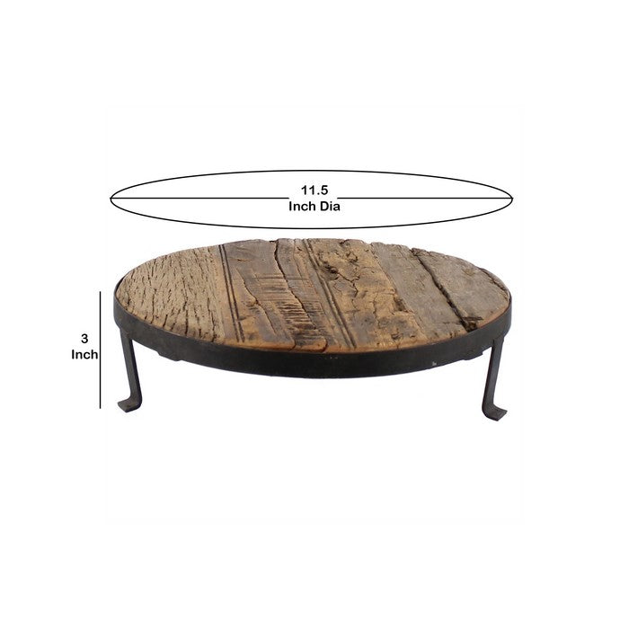 Traditional Style Wooden Pedestal with Metal Frame, Large, Brown and Black