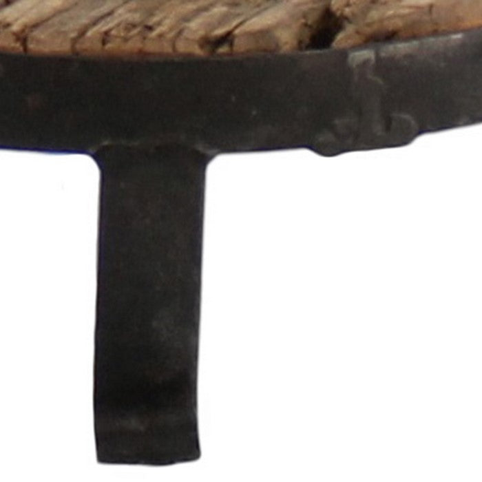 Traditional Style Wooden Pedestal with Metal Frame, Medium, Brown and Black