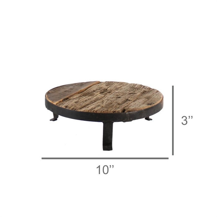 Traditional Style Wooden Pedestal with Metal Frame, Medium, Brown and Black