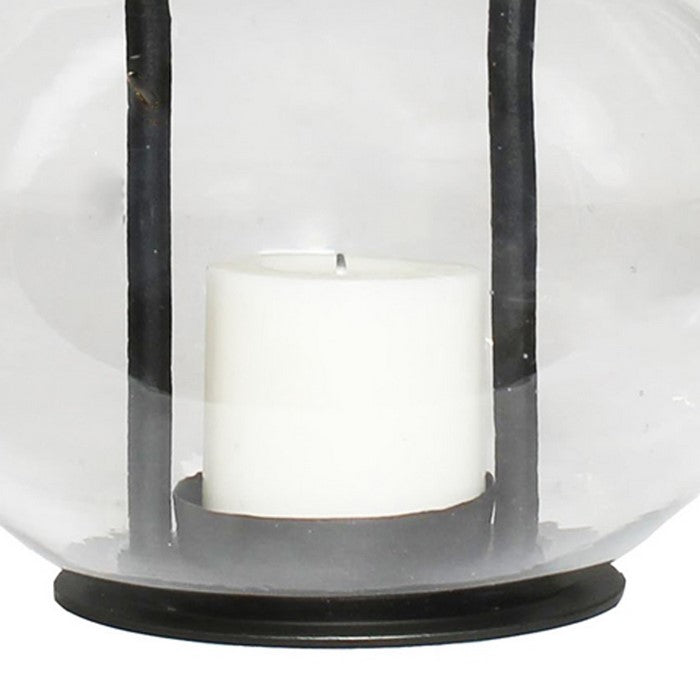 Modern Styled Metal Lamp with Top Loop and Bubble Glass Hurricane, Black