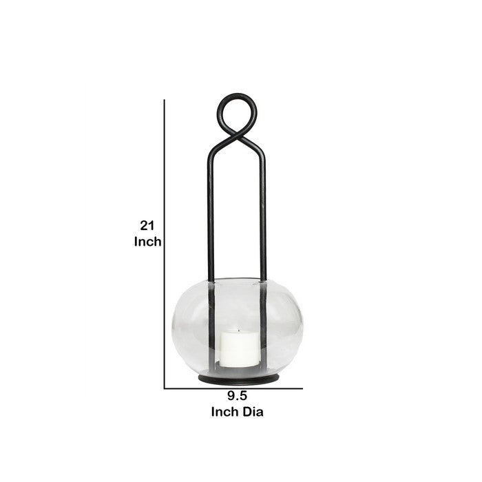 Modern Styled Metal Lamp with Top Loop and Bubble Glass Hurricane, Black