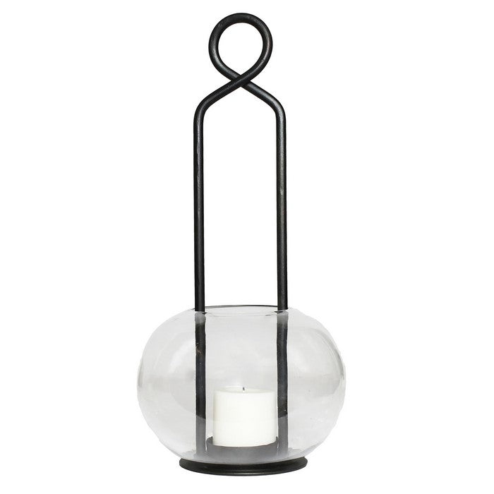 Modern Styled Metal Lamp with Top Loop and Bubble Glass Hurricane, Black