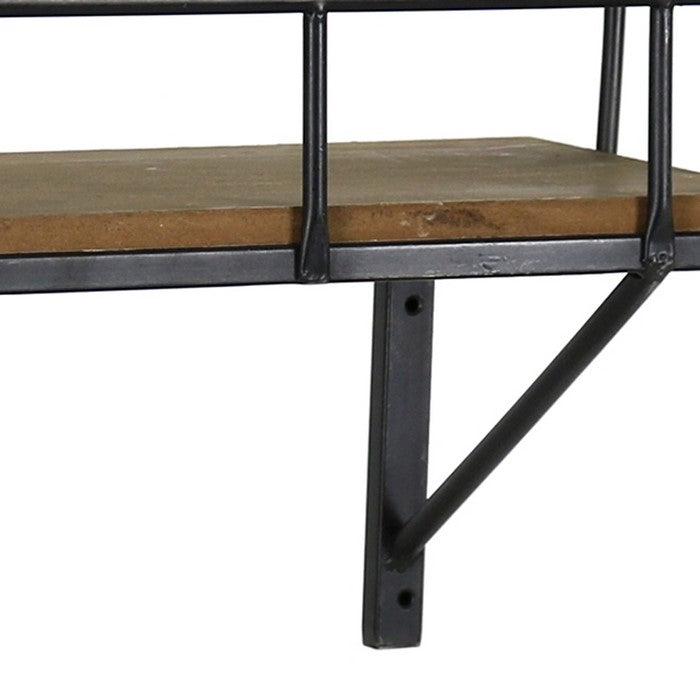 Transitional Style Wooden Wall Shelf with Metal Brackets, Black and Brown