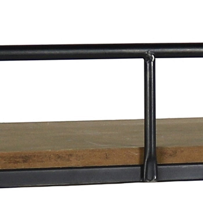 Transitional Style Wooden Wall Shelf with Metal Brackets, Black and Brown