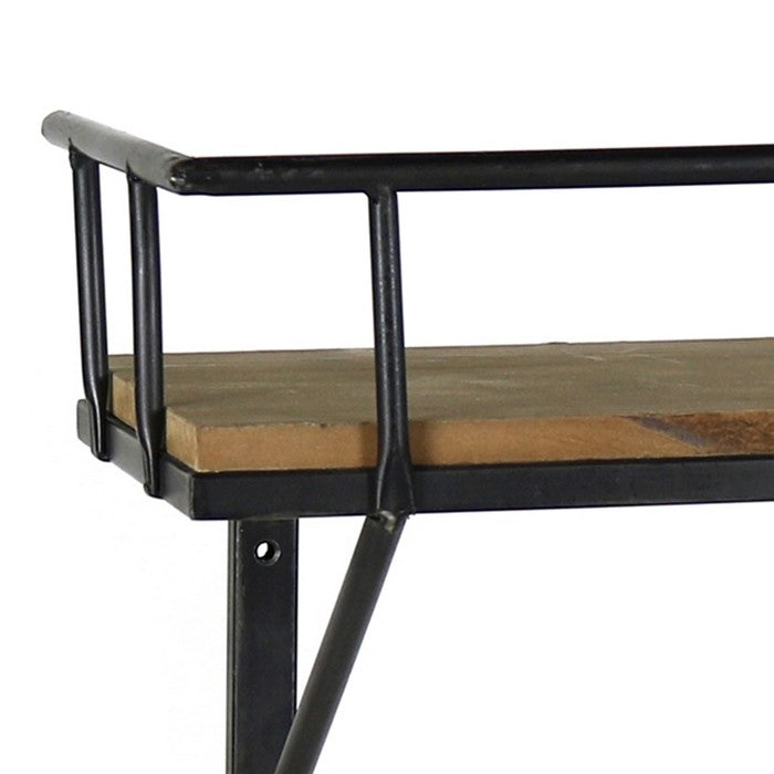 Transitional Style Wooden Wall Shelf with Metal Brackets, Black and Brown