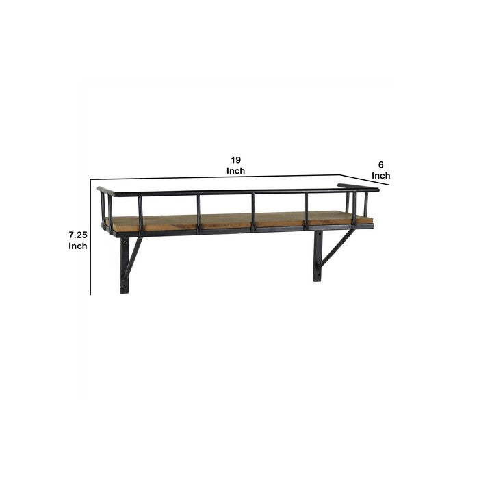 Transitional Style Wooden Wall Shelf with Metal Brackets, Black and Brown