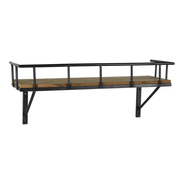 Transitional Style Wooden Wall Shelf with Metal Brackets, Black and Brown