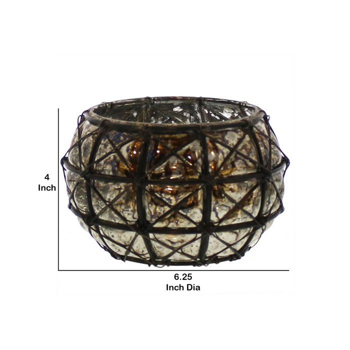 Glass Hurricane Lamp with Metal Designed Exterior Support, Black
