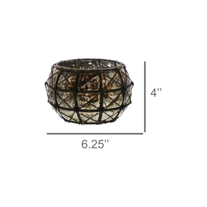 Glass Hurricane Lamp with Metal Designed Exterior Support, Black
