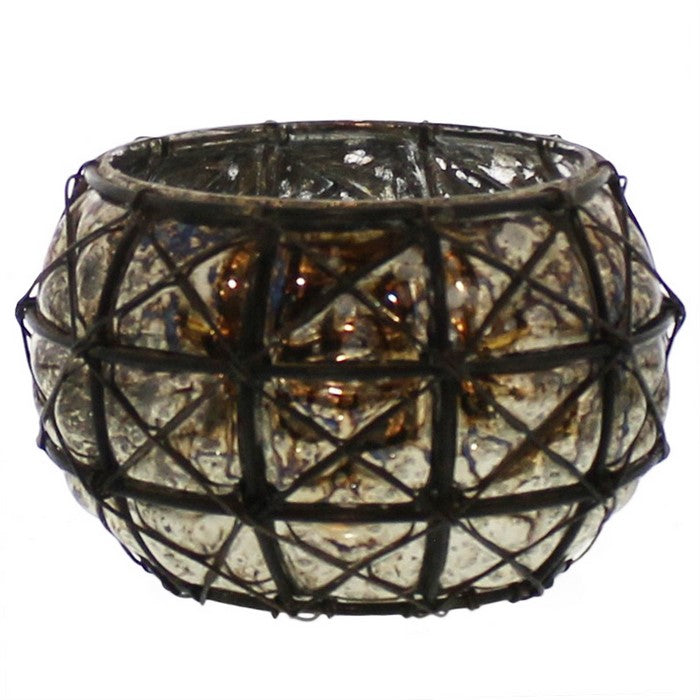 Glass Hurricane Lamp with Metal Designed Exterior Support, Black