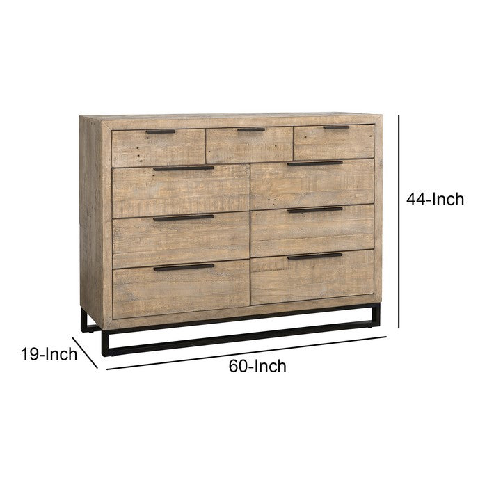 Wooden 9 Drawer Dresser with Bar Handles and Metal Sled Base, Taupe Brown
