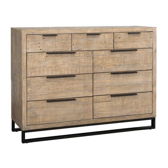Wooden 9 Drawer Dresser with Bar Handles and Metal Sled Base, Taupe Brown