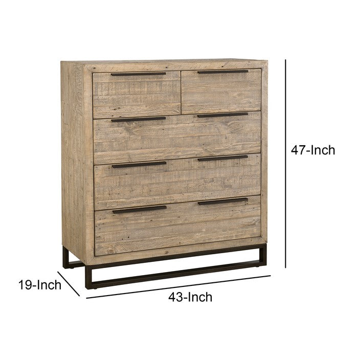Wooden 5 Drawer Dresser with Bar Handles and Metal Sled Base, Taupe Brown