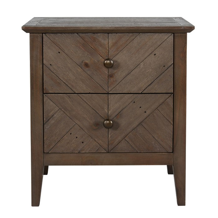 2 Drawer Nightstand with Herringbone Pattern and Chamfered Legs, Brown