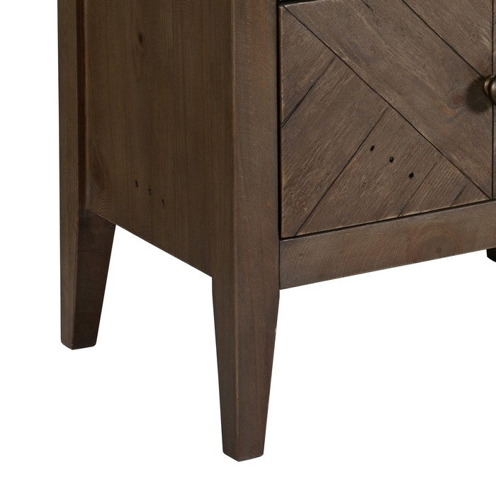 2 Drawer Nightstand with Herringbone Pattern and Chamfered Legs, Brown