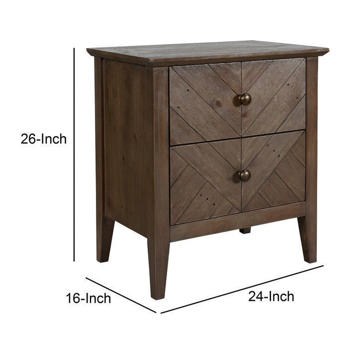 2 Drawer Nightstand with Herringbone Pattern and Chamfered Legs, Brown