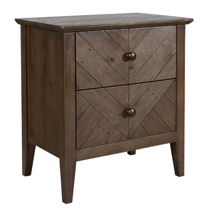 2 Drawer Nightstand with Herringbone Pattern and Chamfered Legs, Brown