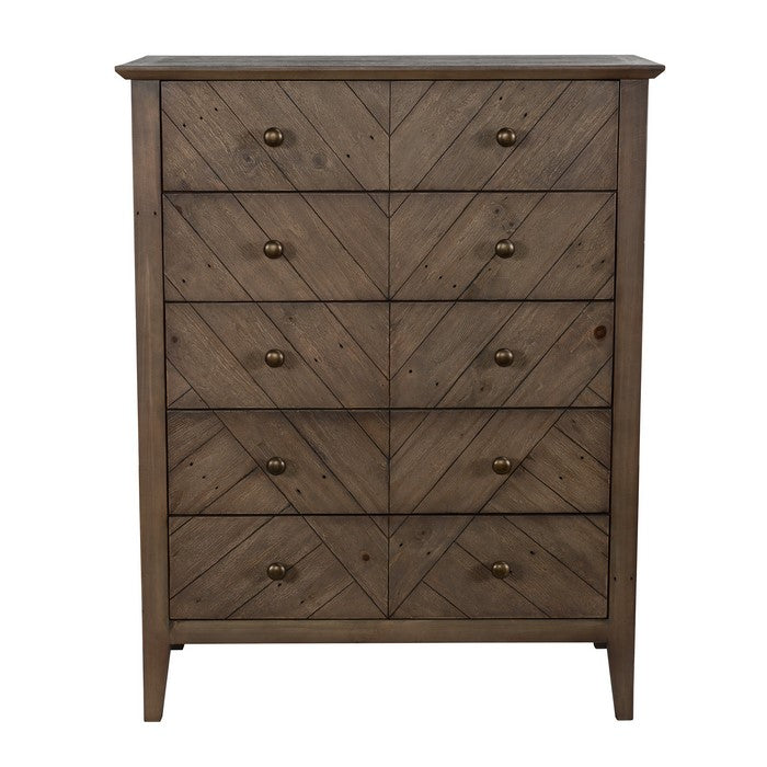 5 Drawer Dresser with Herringbone Pattern and Chamfered Legs, Rustic Brown
