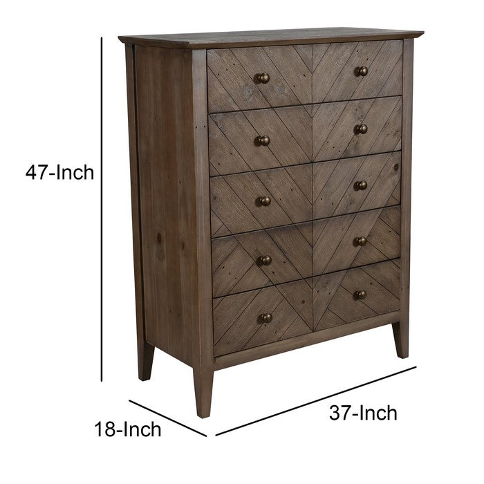 5 Drawer Dresser with Herringbone Pattern and Chamfered Legs, Rustic Brown