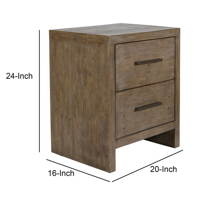 2 Drawer Nightstand with Plank Design and Bar Handles, Brown