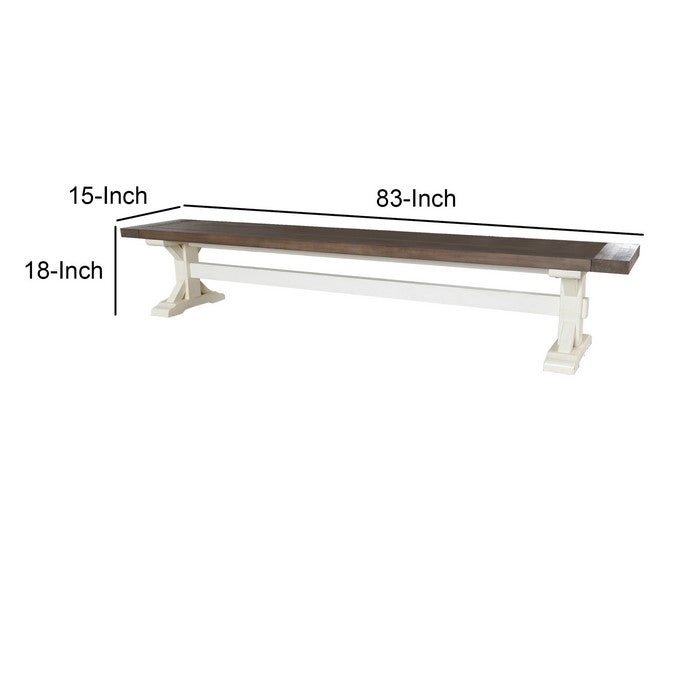 Two Tone Wooden Bench with Trestle Base, Brown and White