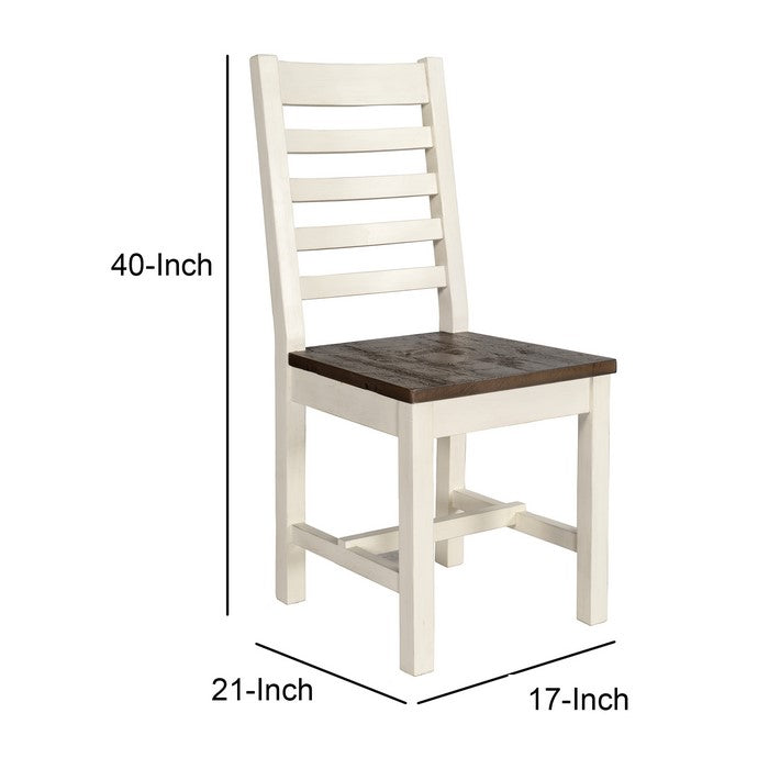 Farmhouse Wooden Dining Chair with Slatted Back, Brown and White
