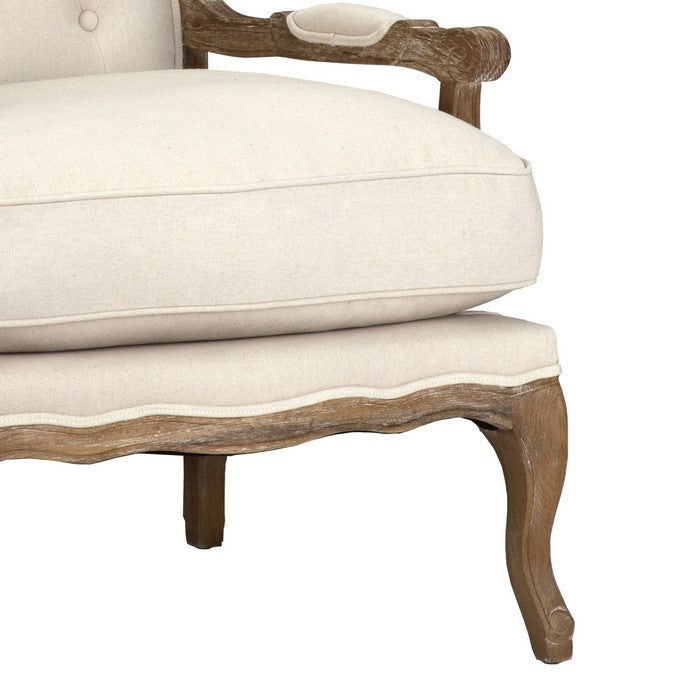 Wooden Club Chair with Button Tufting and Pillow Seat, Beige and Brown