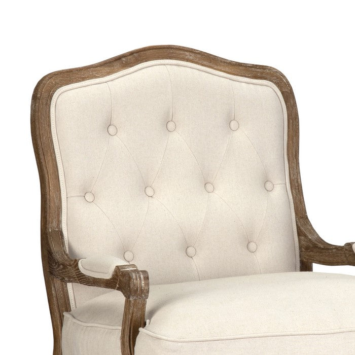 Wooden Club Chair with Button Tufting and Pillow Seat, Beige and Brown