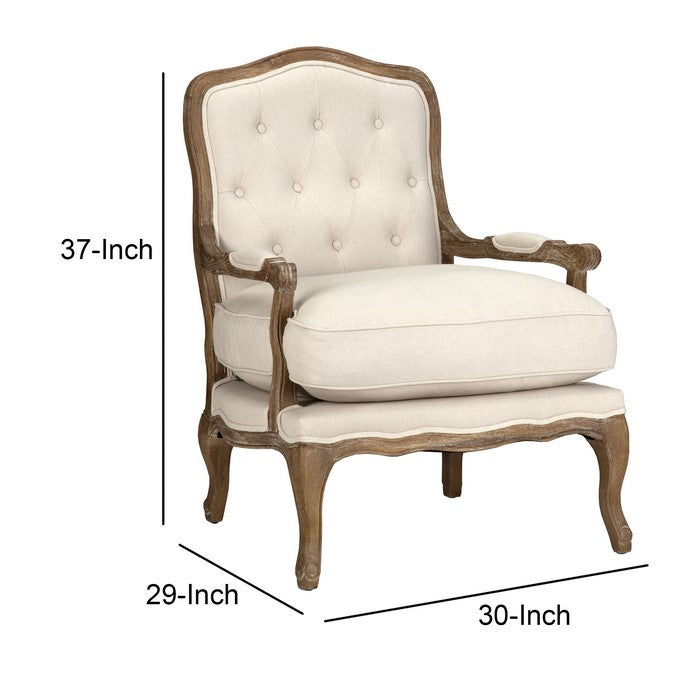 Wooden Club Chair with Button Tufting and Pillow Seat, Beige and Brown