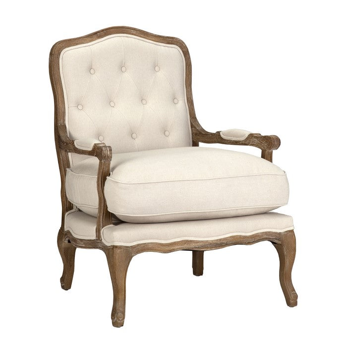 Wooden Club Chair with Button Tufting and Pillow Seat, Beige and Brown