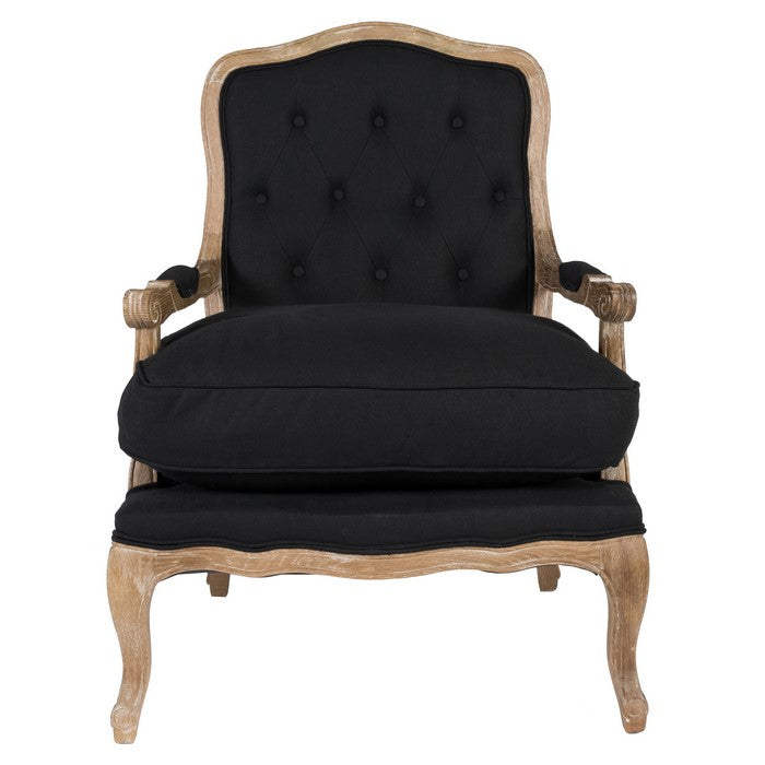 Wooden Club Chair with Button Tufting and Pillow Seat, Black and Brown