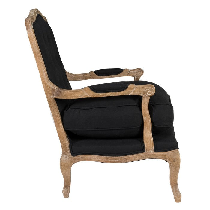 Wooden Club Chair with Button Tufting and Pillow Seat, Black and Brown