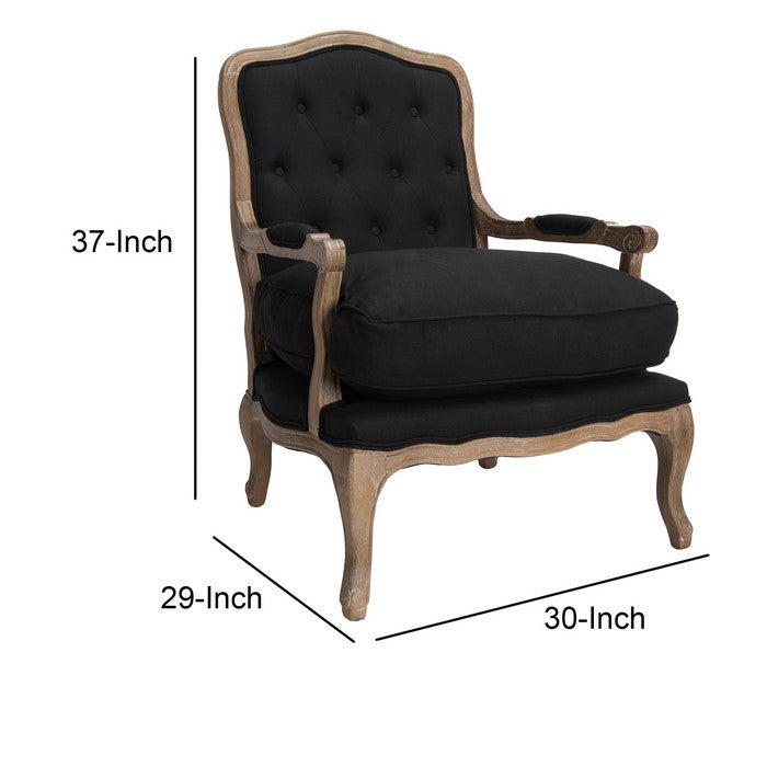 Wooden Club Chair with Button Tufting and Pillow Seat, Black and Brown