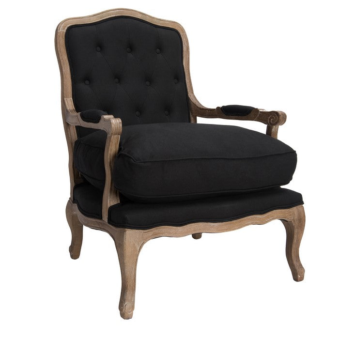 Wooden Club Chair with Button Tufting and Pillow Seat, Black and Brown