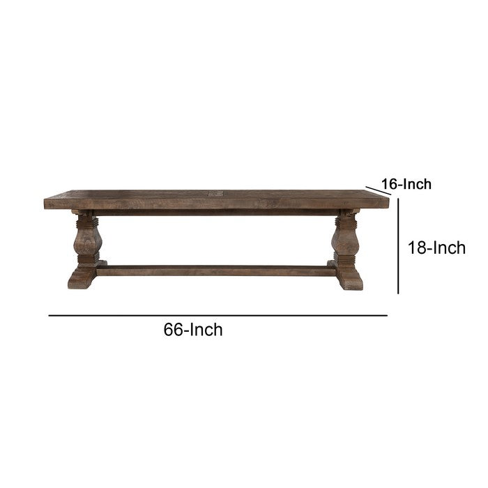 66 Inch Plank Top Wooden Bench with Pedestal Base, Brown