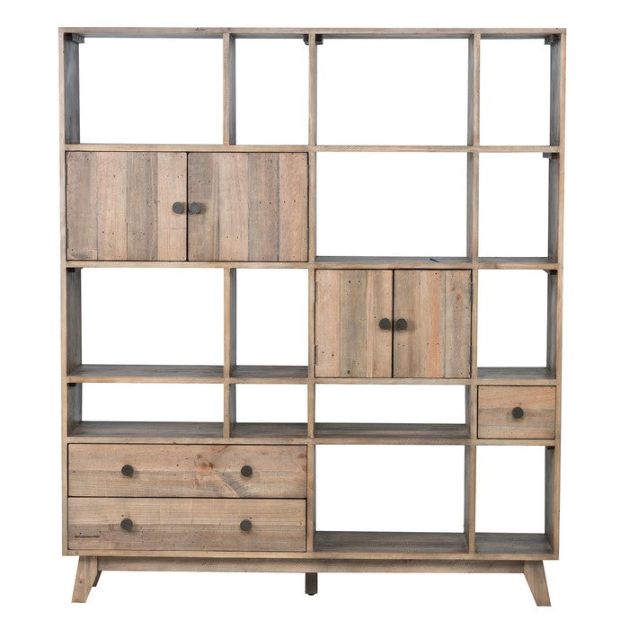 Multiple Shelf Wooden Wall Unit with 3 Drawers and 2 Cabinets,Natural Brown