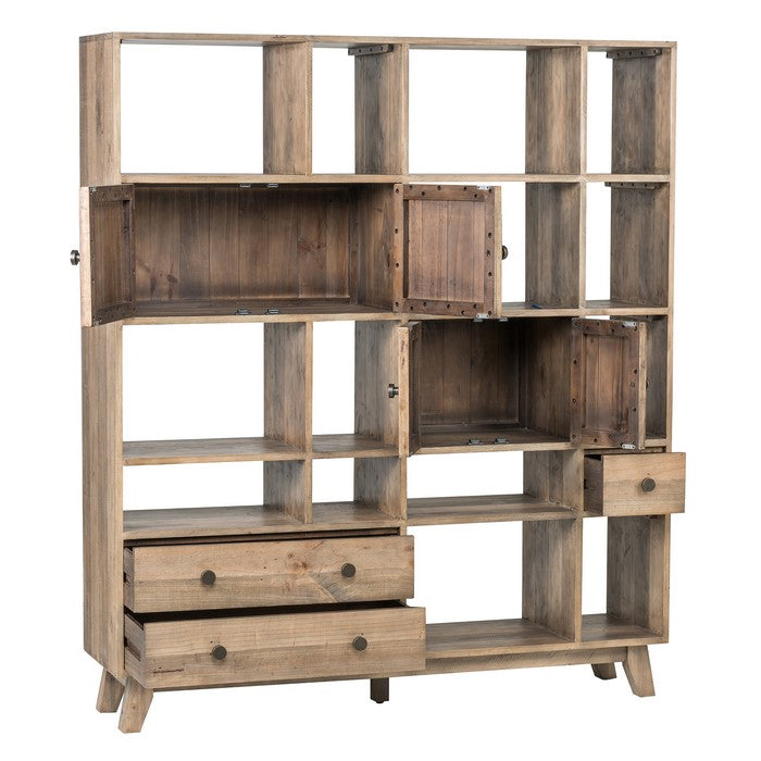 Multiple Shelf Wooden Wall Unit with 3 Drawers and 2 Cabinets,Natural Brown