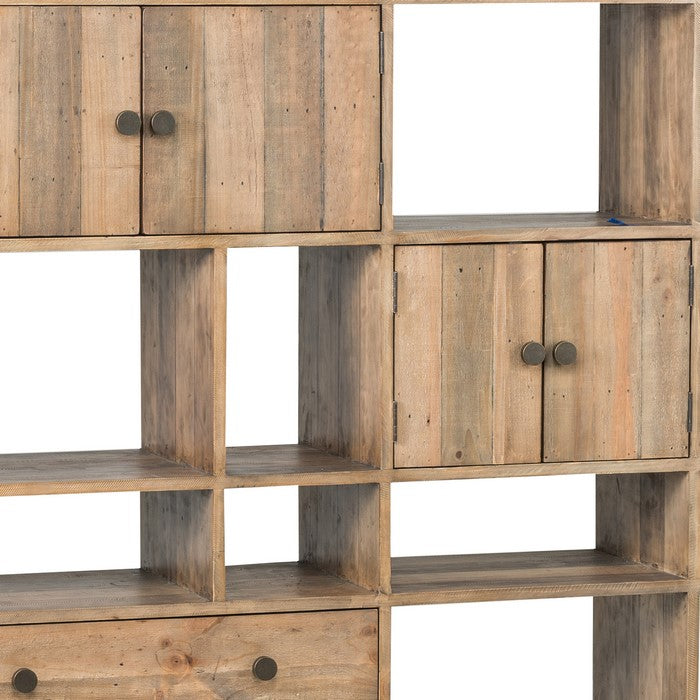 Multiple Shelf Wooden Wall Unit with 3 Drawers and 2 Cabinets,Natural Brown