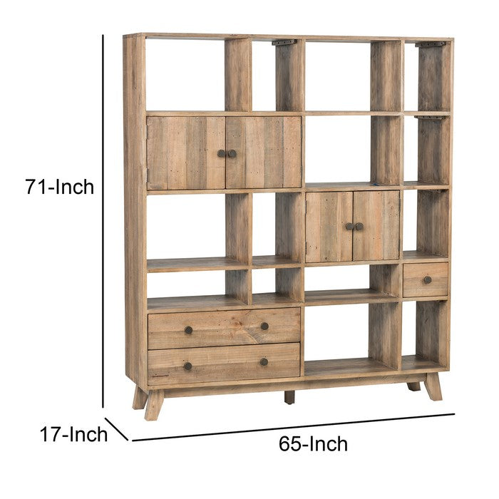 Multiple Shelf Wooden Wall Unit with 3 Drawers and 2 Cabinets,Natural Brown